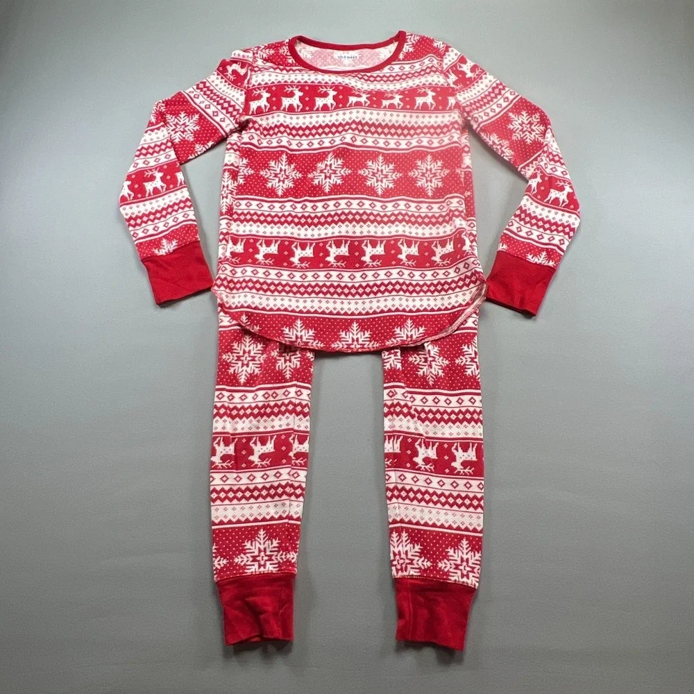 Old Navy Holiday Pajama Set Womens M Red White Reindeer Snowflake Cotton Stretch